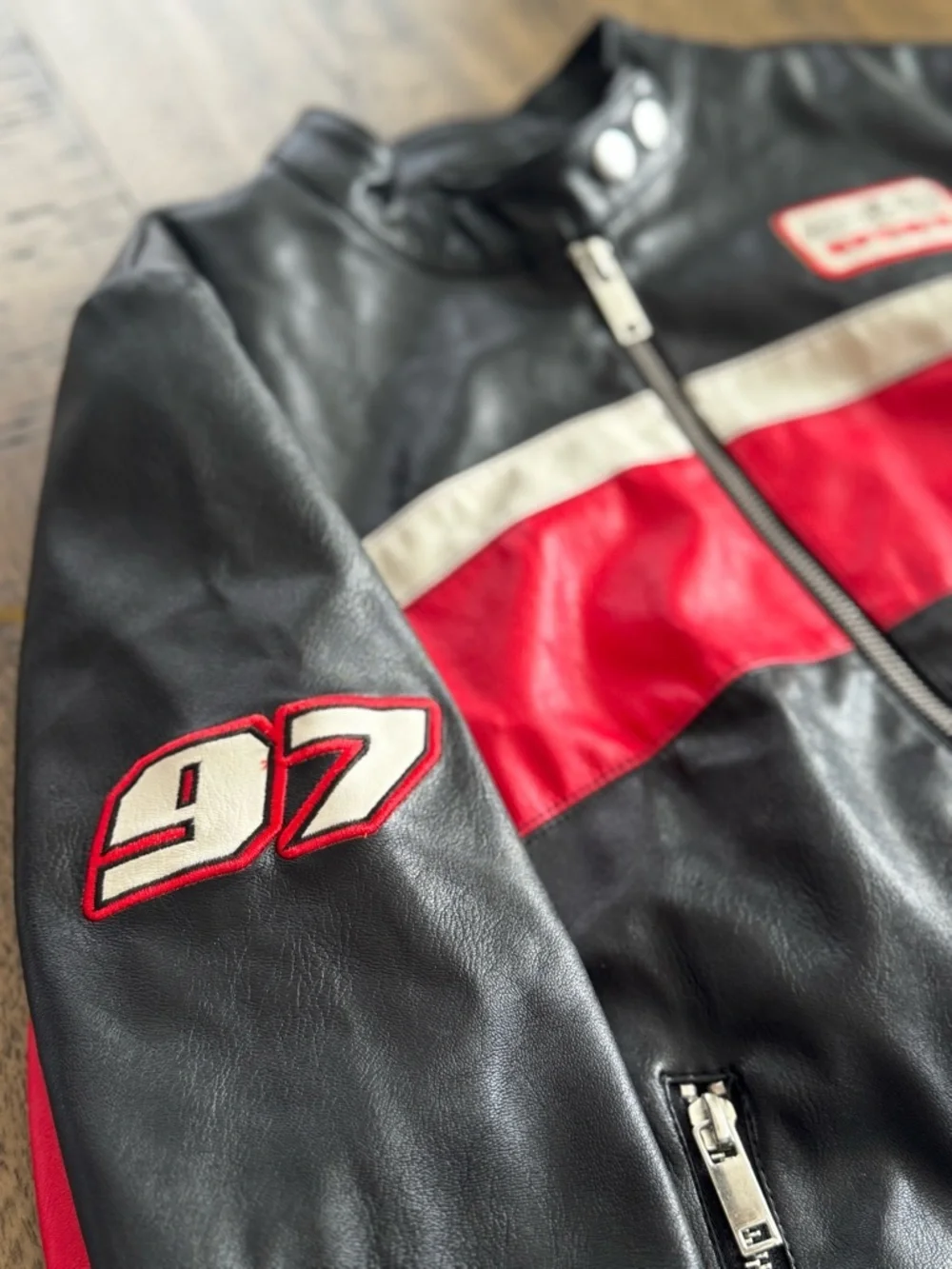 Forever 21 Black, Red & White Leather-Style Racing Jacket